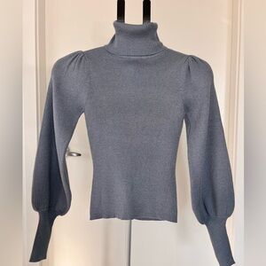 Arcadia Shimmery Dusty Blue Turtleneck Puff Sleeve Sweater